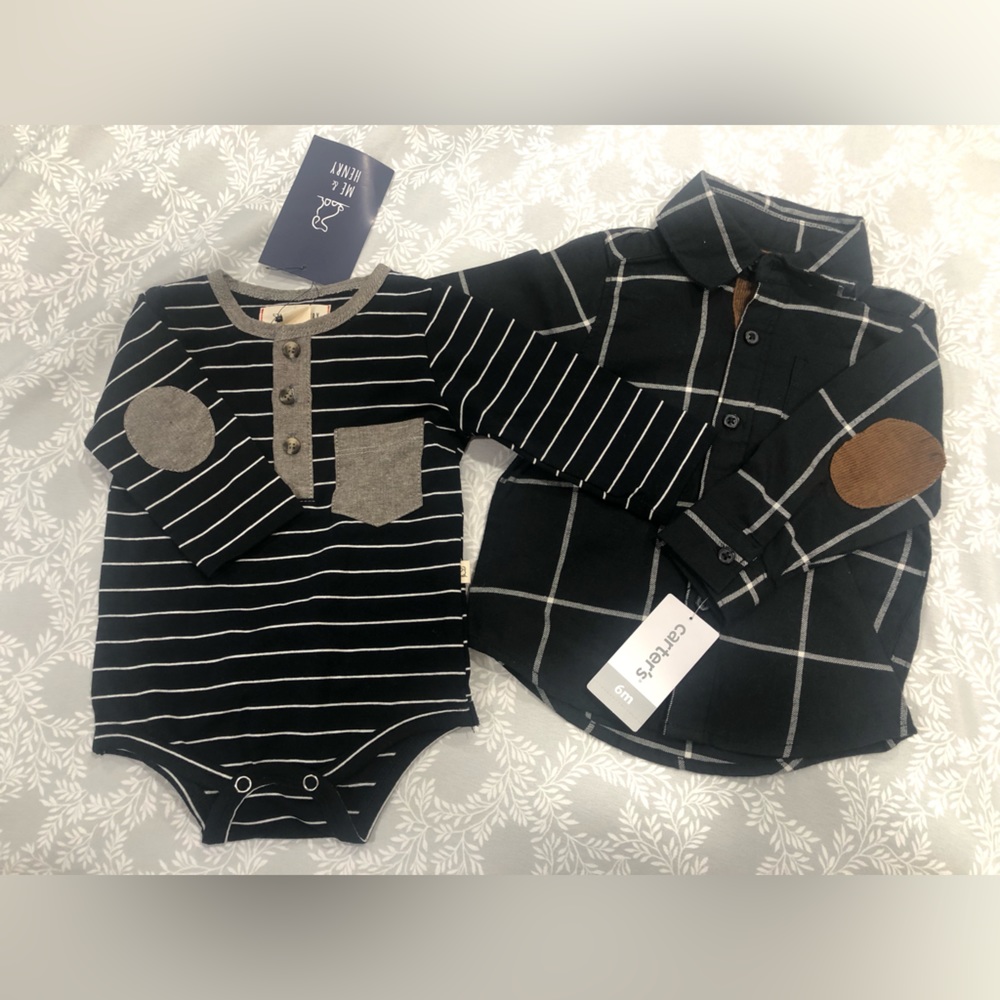 Baby Boys Shirt Lot Of 2 0-6 Months Carter's Me & Henry‎ Black Striped Plaid